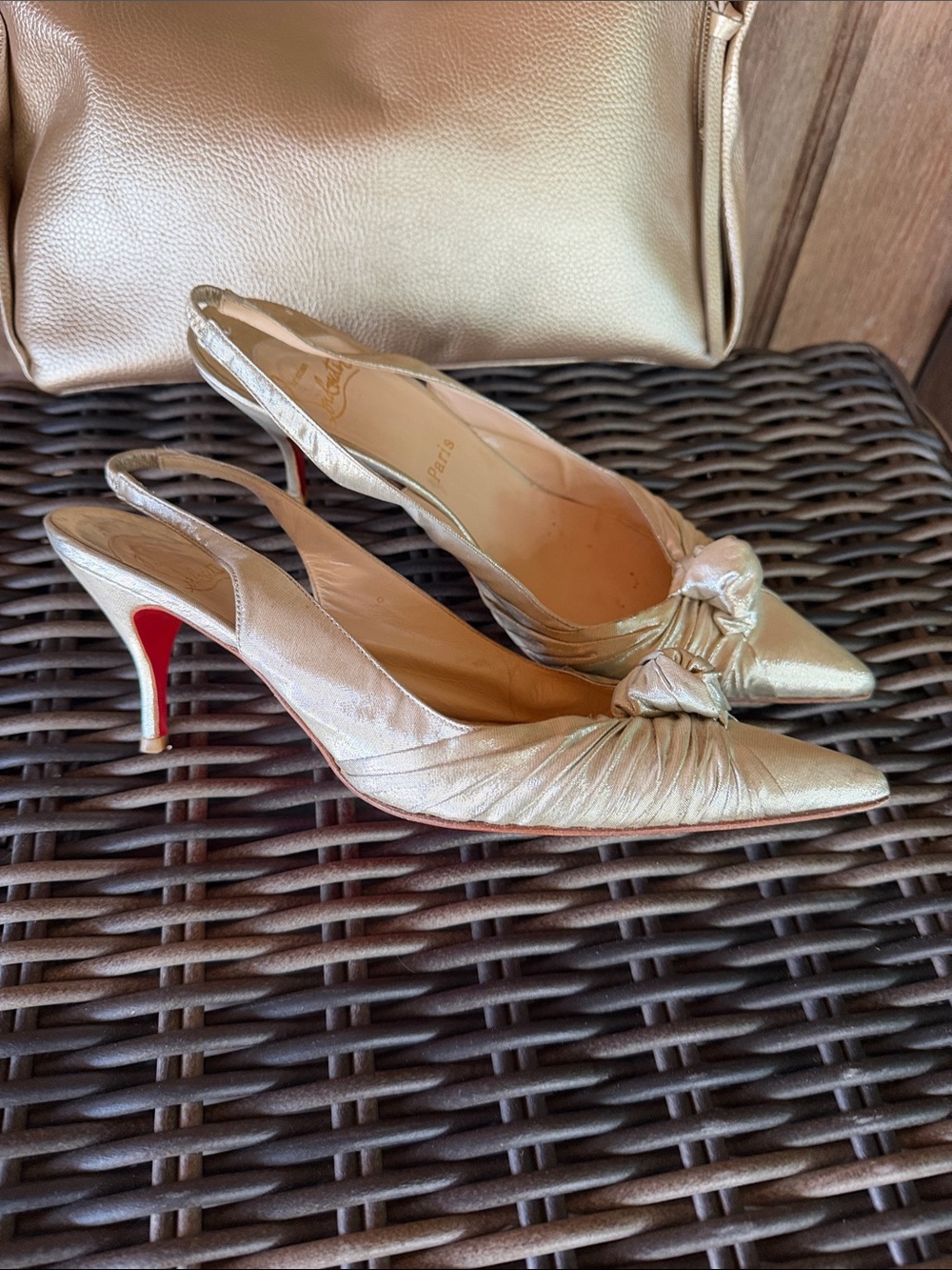 Christian Louboutin Metallic Gold Slingback Knot-Detail Pointed-Toe Heels